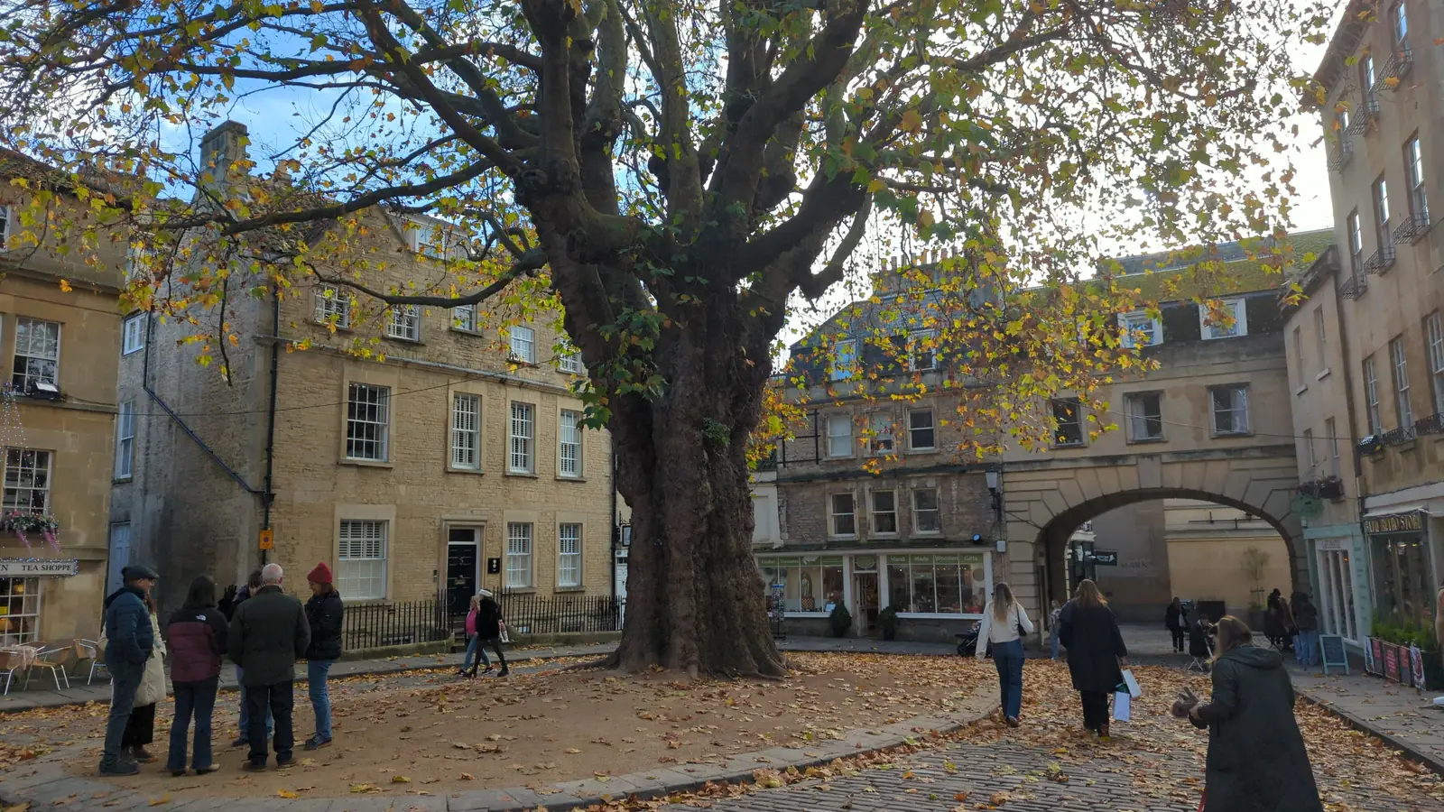 Abbey Green in Bath with its plane tree, the street of Madame Delacroix's shop
