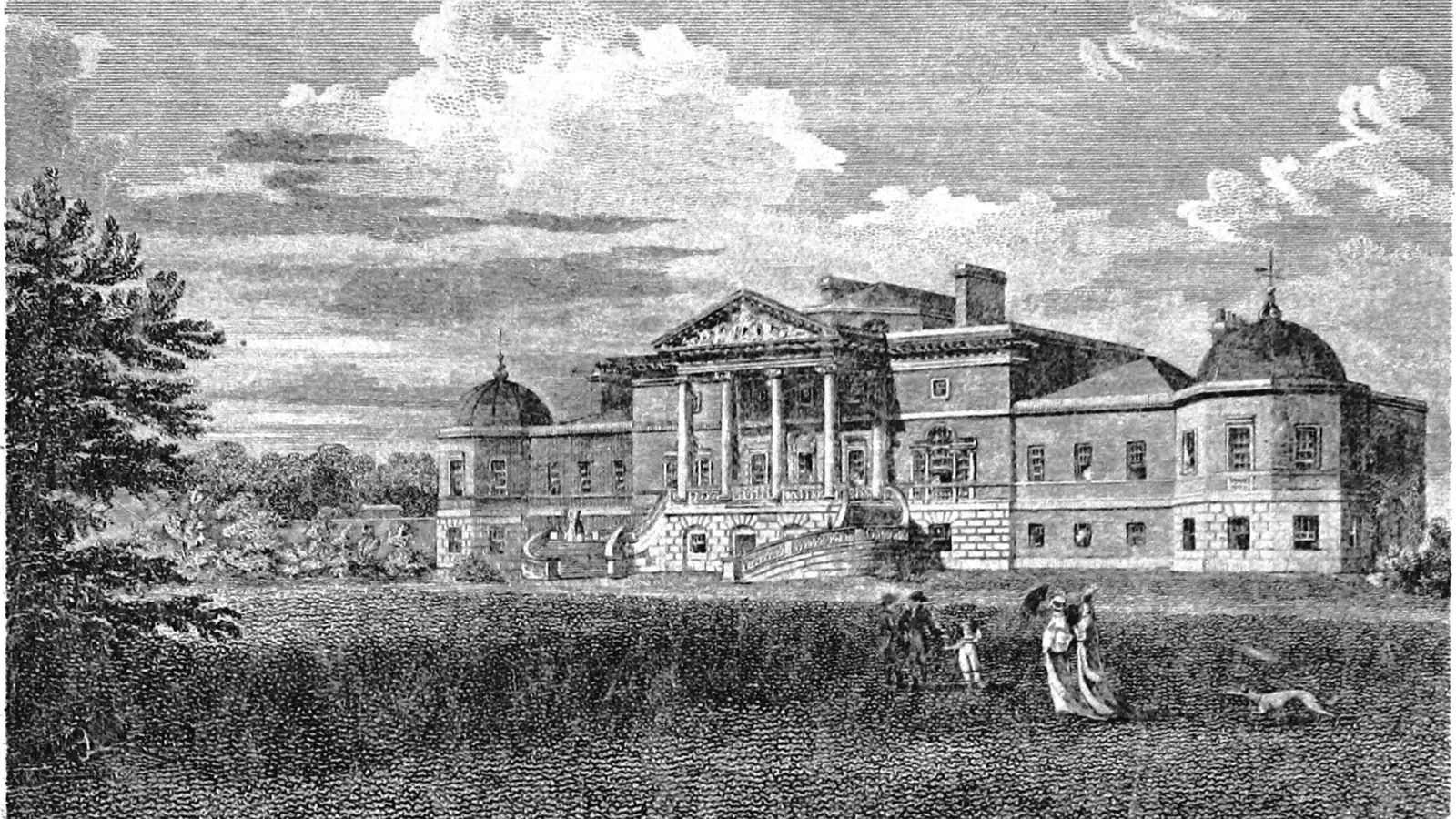 Wrotham Park in Hertfordshire, Aubrey Hall in Bridgerton (engraving, the house is private)