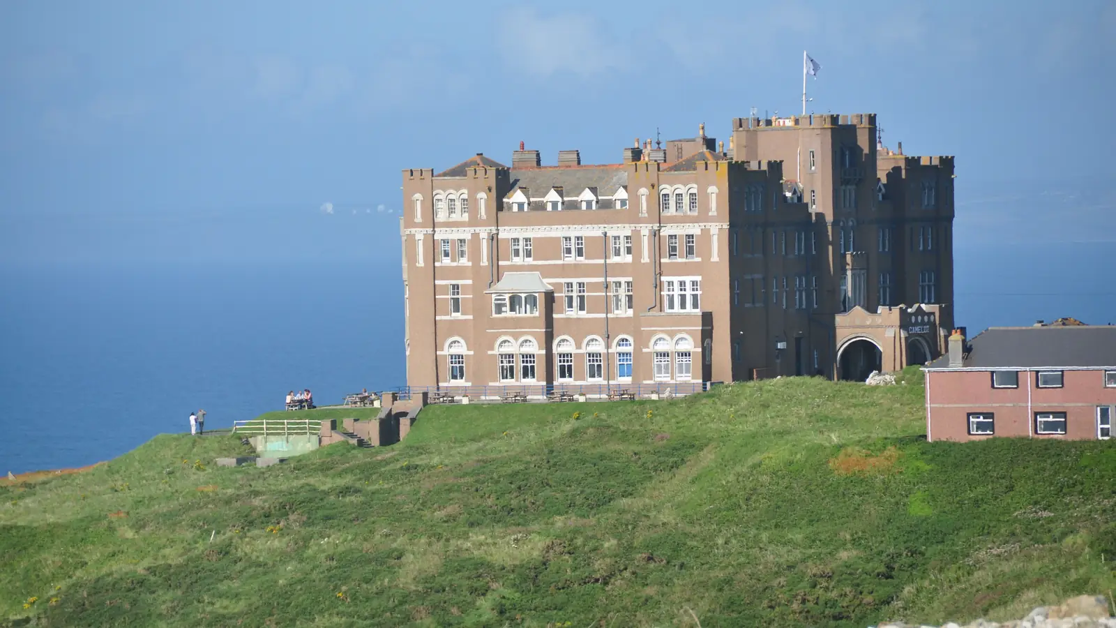 Camelot Castle Hotel on the headland at Tintagel – the interview in the pilot and the wedding reception.