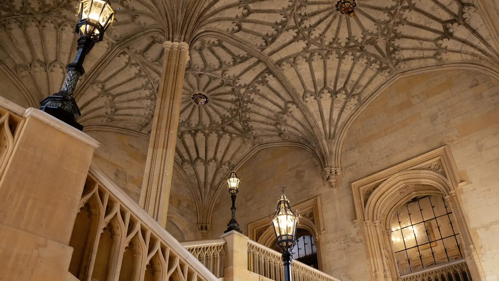 The fan-vaulted staircase of Christ Church, Oxford, where the first-years arrive in Harry Potter