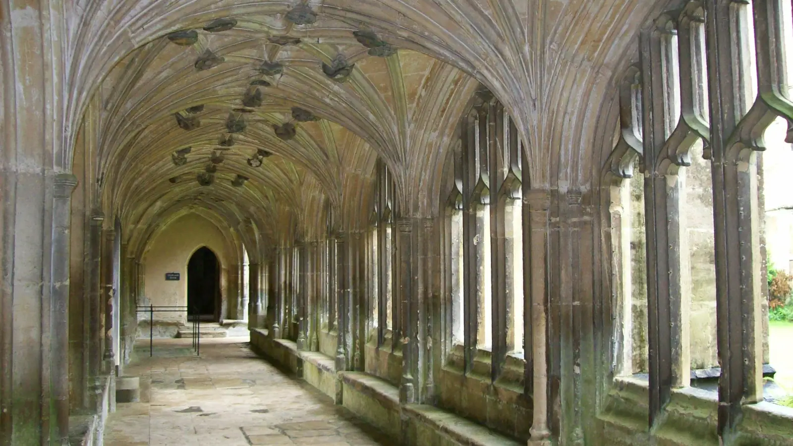 The cloister of Lacock Abbey, a Hogwarts classroom corridor in Harry Potter