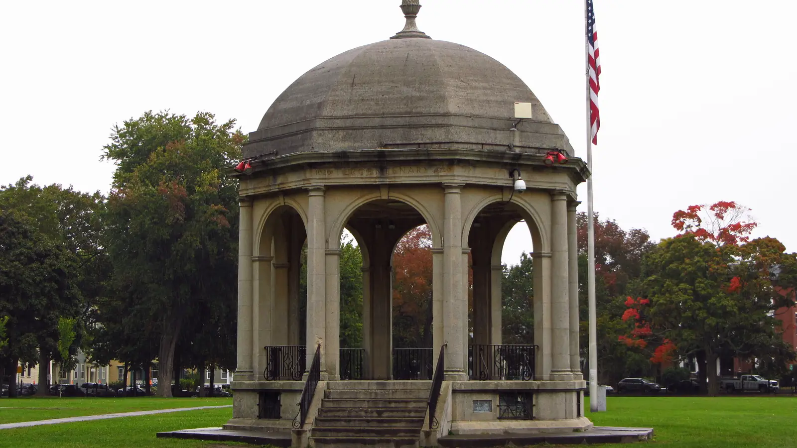 Tree-lined paths and lawn of Salem Common with the bandstand – where Max and Allison meet after school in Hocus Pocus.