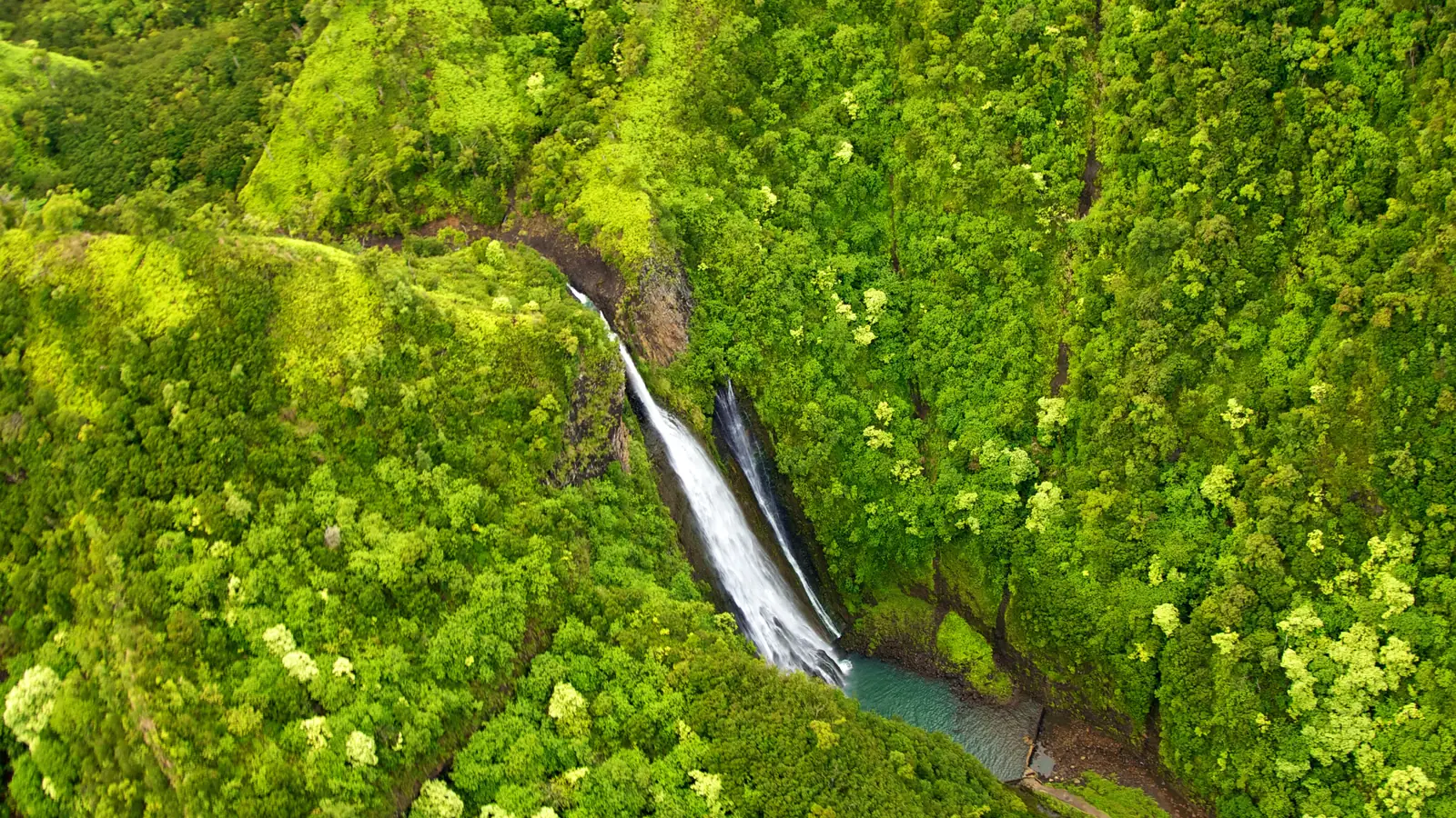 Manawaiopuna Falls dropping 122 m into a forested valley on Kauai – the 'Jurassic Falls' behind the helipad in Jurassic Park
