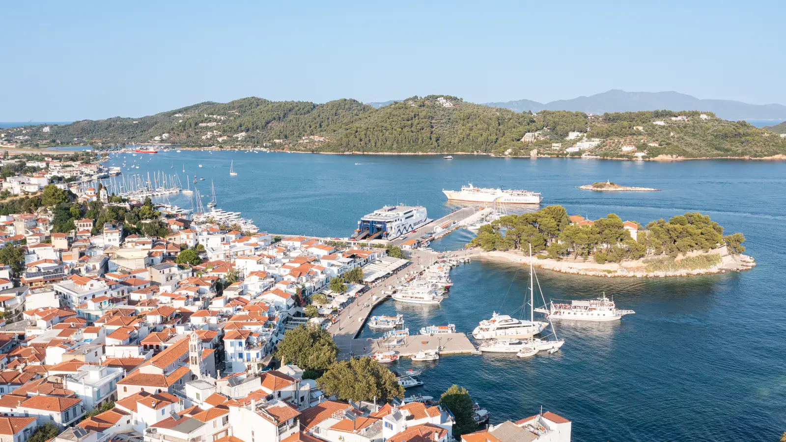 Skiathos town, the old port and the Bourtzi peninsula from above