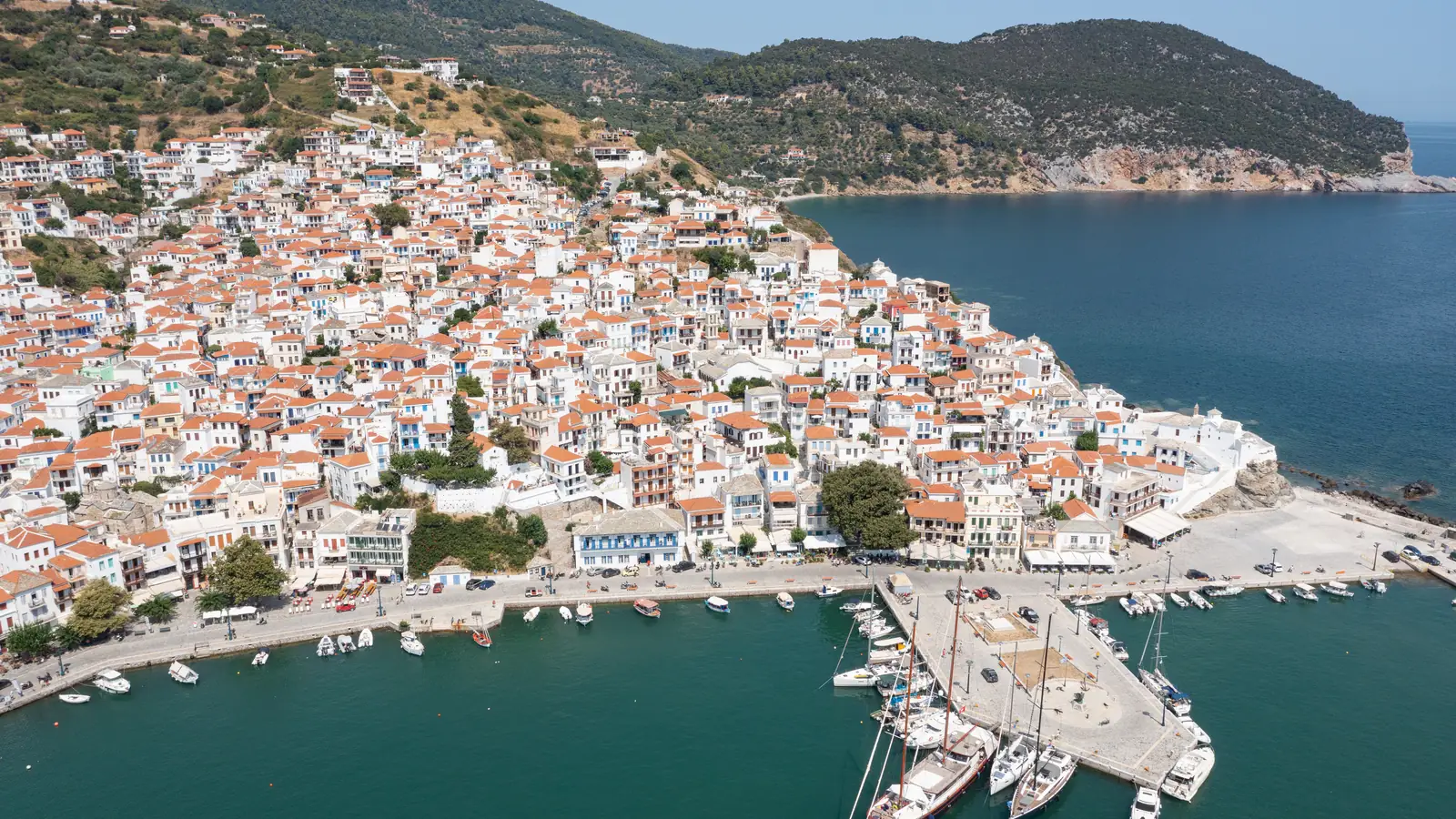 Skopelos town and its harbour from the air