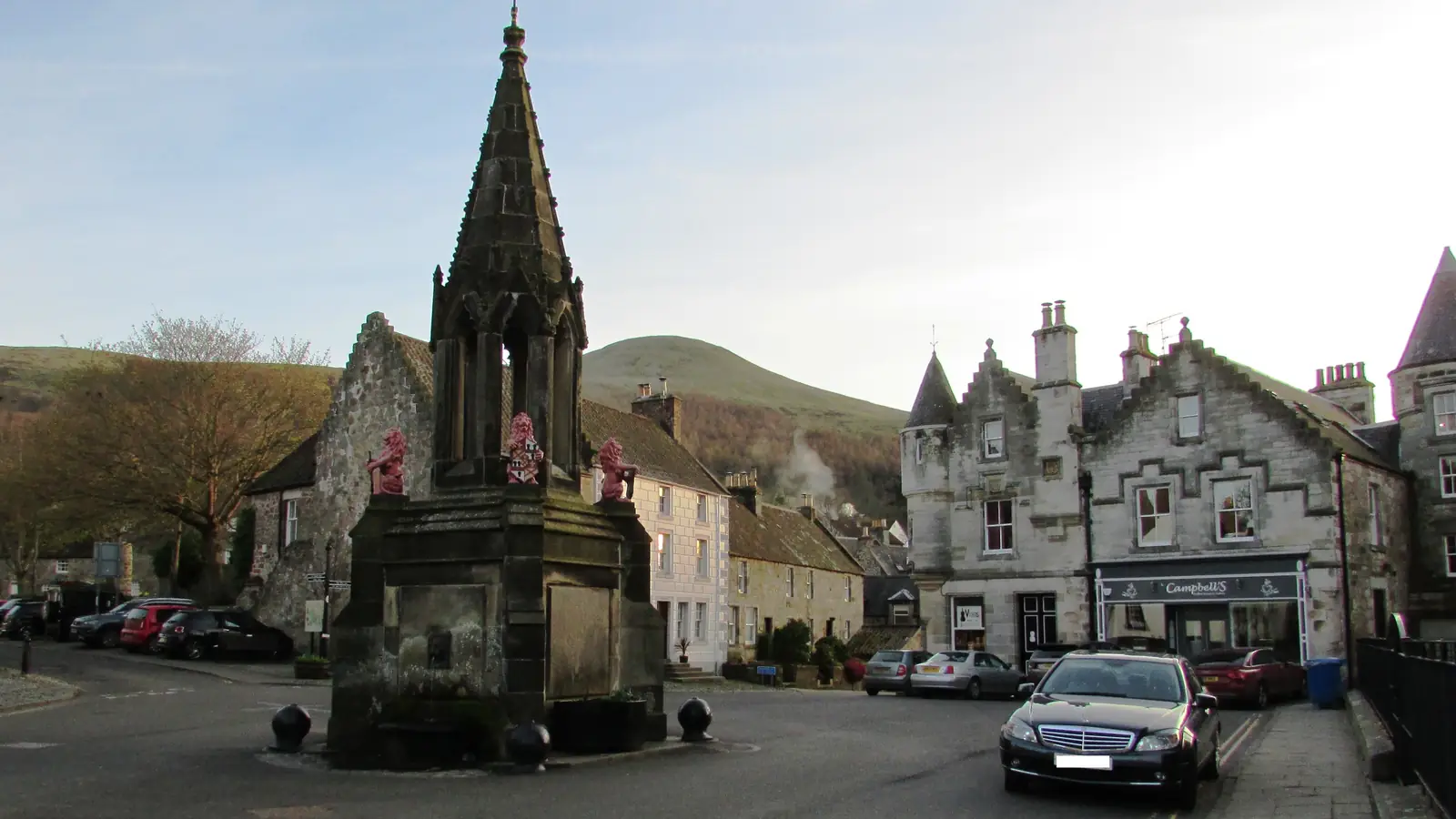 The Bruce Fountain and square in Falkland, Fife, 1940s Inverness in Outlander