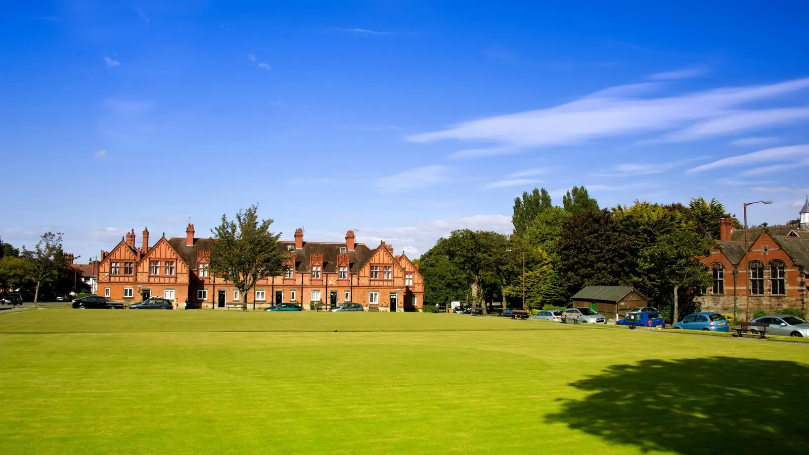 Cottages and lawns of Port Sunlight village on the Wirral – Polly's country house in Peaky Blinders series two.