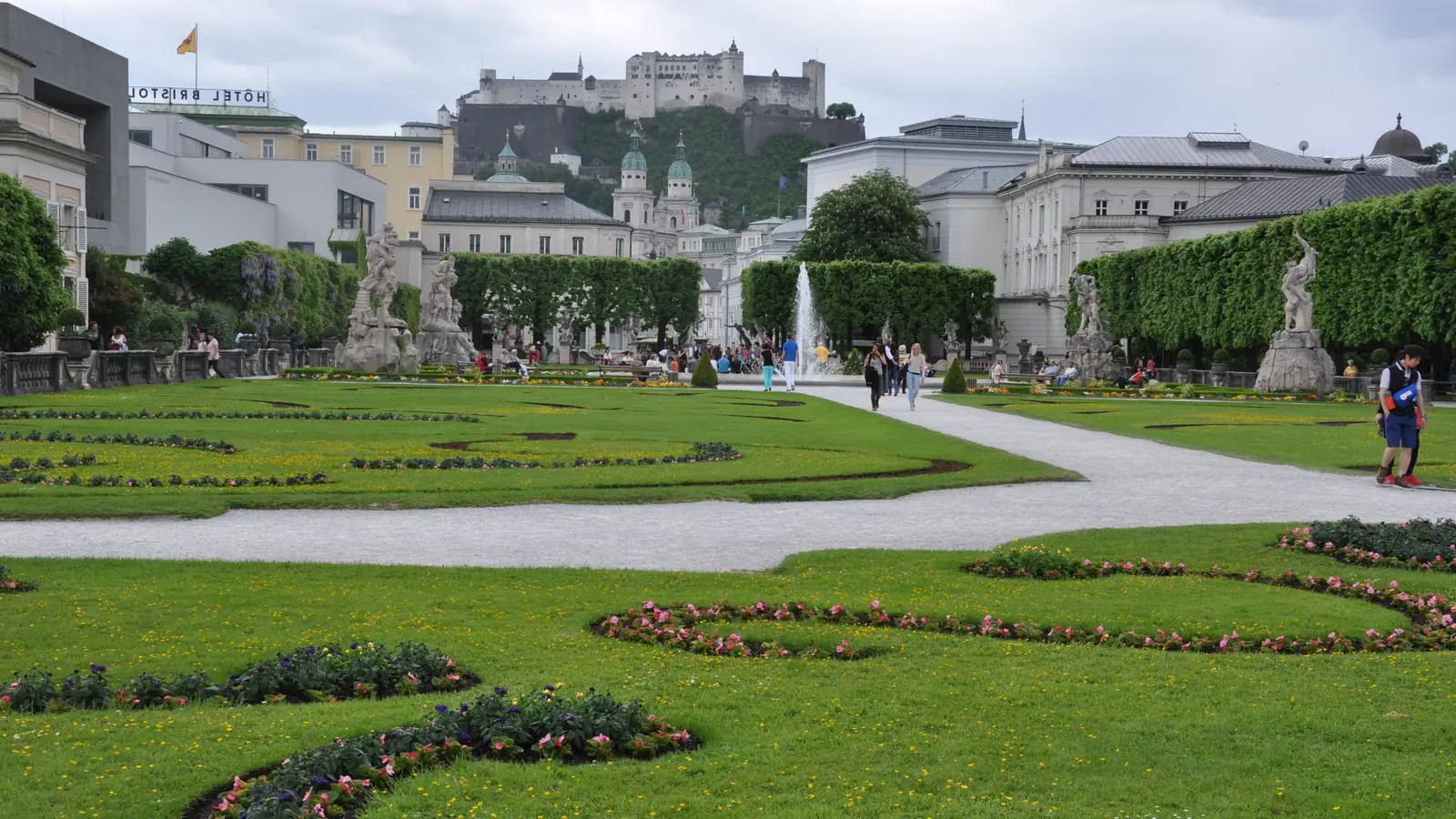 Mirabell Gardens with the fortress behind, the Do-Re-Mi steps are at the far end