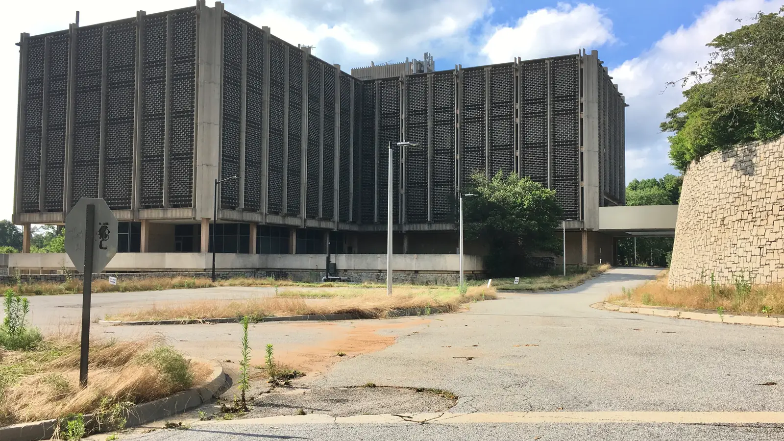 The concrete towers of the former Georgia Mental Health Institute on Emory's Briarcliff campus, Atlanta – the exterior of Hawkins National Laboratory