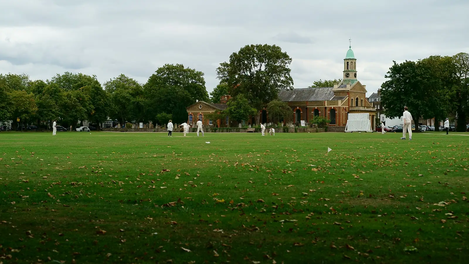 Richmond Green, the open lawn with trees and Georgian houses – Ted and Beard's daily walk and the thinking bench