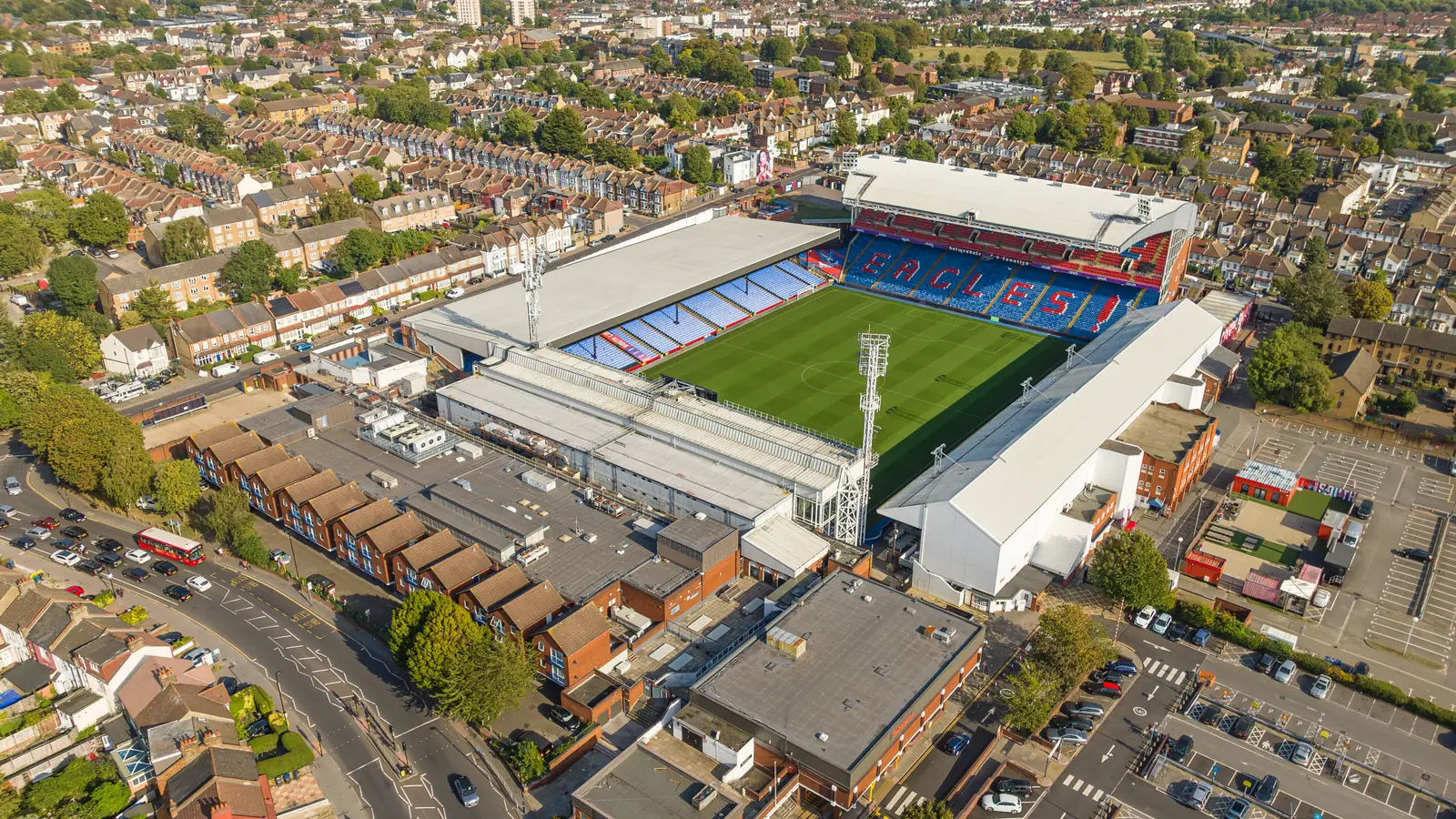 The Holmesdale Road end of Selhurst Park, Crystal Palace's stadium – Nelson Road, home of AFC Richmond